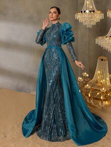 Elisanya Gorgeous Beaded Sequin Evening Gown With Dramatic Lantern Sleeves, Cascading Geometric Beading, Mermaid Silhouette & Satin Overlay For High-End Parties, Luxury Galas & Formal Award Shows