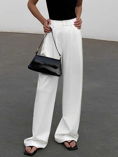 Women's Solid White Casual Elegant Pocket Straight Leg Loose Fit Pants, Suitable For Office Lady Business Casual Commute Suit Pants, Daily Wear Outings, And Dates, Summer/Fall