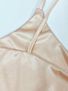 Summer Solid Color Casual Minimalist Satin V-Neck Camisole Top, Layering Or Outerwear - Apricot - View 5