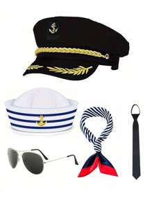 Conjunto de gorro de marinero ajustable blanco y negro, gorra de capitán a rayas, bufanda a rayas, gafas de sol de aviador negras, accesorios de disfraz naval, apropiado para fiestas, actuaciones, gorro de enfermera, boina, atuendo del Día de San Valentín