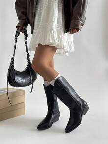 Women's V-Cut Mid-Calf Western Boots, New Autumn/Winter Version, Black Color With Embroidery , Knight Boots With Chunky Heels - Black - View 4