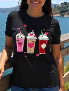 Camiseta de  con estampado de bebidas corazones 180g algodón cuello redondo manga corta ideal para verano y moda casual estilo - Negro - Ver 1