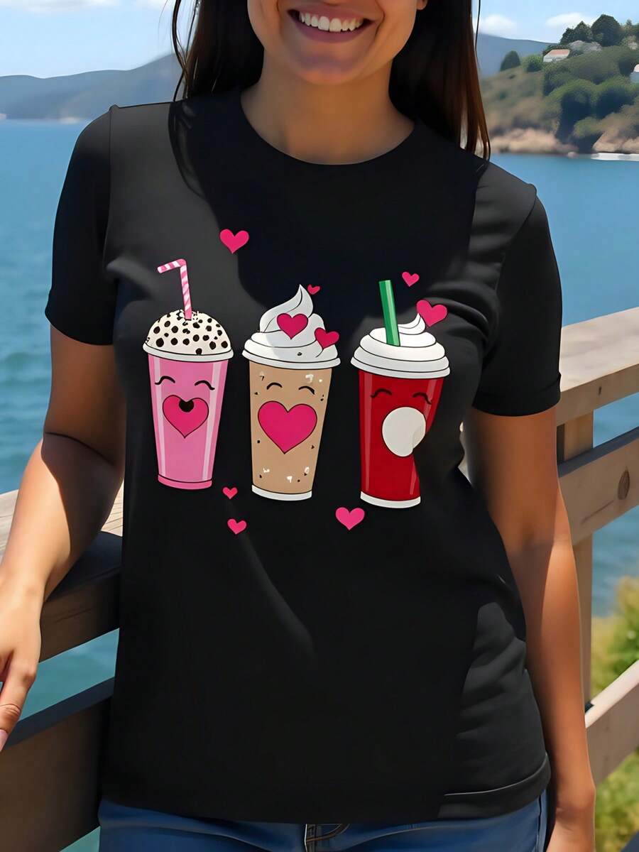Camiseta de con estampado de bebidas corazones 180g algodón cuello redondo manga corta ideal para verano y moda casual estilo - Negro - Ver 1