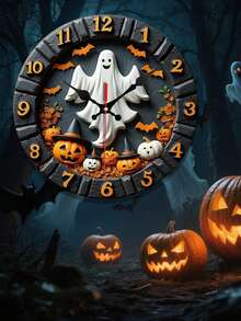 2D Flat Round Wall Clock, 10Inch/12Inch Wooden Clock, Wood Grain Clock, Silent Wall Clock Halloween Theme Pumpkin Bat Decoration Wall Clock (AA Battery Not Included) Home Decor Halloween Decor Fall Decor Room Decor Back To School School Supplies - Multicolor - View 2