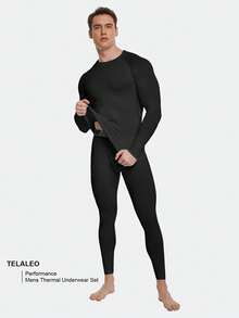 TELALEO 男士冬季保暖抓绒运动套装（4件套），保暖内衣套装，高弹力，紧身压缩健身服，贴身打底衫 - 黑色 - 查看 2