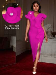 Plus Size V Neck 3D Flower Ruffles Eleganckie Sukienki na Wesele Gości Urodziny Strój Kobiety, Koktajl - Wyrazisty róż - Zobacz 1