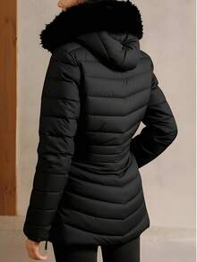 Chamarra Larga para Mujer con Gorro de Peluche Desmontable, Elegante, Calientita y Moderna, Diseño Elegante y Femenino La Convierte En La Opción Ideal Para Los Días Fríos Y Lluviosos, Ya Sea Para Una Salida Casual O Una Ocasión Especial. - Negro - Ver 2