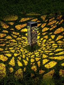 6/12-Solar Garden Light, Black Rectangular Warm-Colored Hollowed-Out Design, ABS Outdoor Garden Ground Installation Solar Light Theme Lawn Light, With Waterproof Automatic Sensor Light Source Switch, Garden Backyard Decoration, Outdoor Decoration, Front Door Decoration, Path Light, Outdoor Plug-In Hollowed-Out Light - Warm Light - View 9