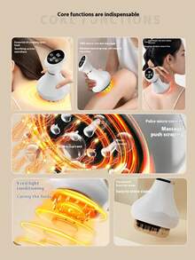 无线手持电动刮痧仪，全身适用电疗经络刷，符合人体工学设计，USB充电，9档强度可调，带加热底座，适用于腿部、腹部、颈肩按摩，帮助放松肌肉，是家庭使用的理想礼物，也是理想的节日礼品。