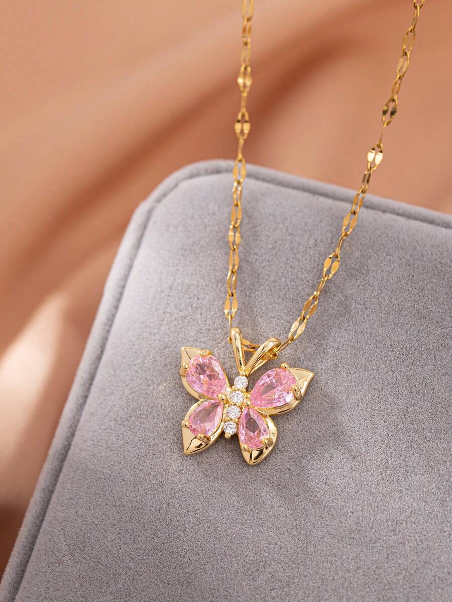 1 pièce Collier de femme rose élégant et doux en forme de papillon avec cubic zirconia cubique, convient pour les fêtes, la décoration quotidienne, cadeau de bijoux parfait pour la famille et les amis