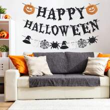 Halloween Banner, Happy Halloween Banners With Halloween 3D Bats Stickers, Horror Pumpkin Witch Hat Spider Halloween Decorations Hanging Bunting For Halloween Party Supply Indoor Outdoor Home Yard