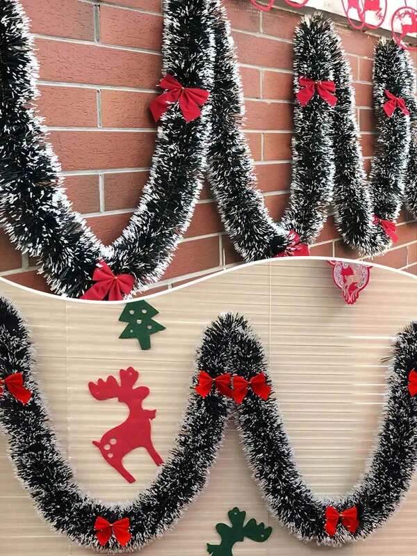 14pcs Christmas Tinsel Garland, Dark Green Frost Tip Metallic Garland With 6/12pcs Red Bows, Artificial Xmas Garland For Home Indoor Outdoor Christmas Tree Decoration, Holiday Wedding Party Supplies