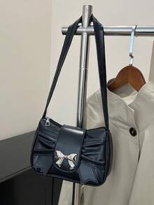 Cloud Ruffle Solid Color Bow Decor Fashionable Shoulder Bag - Black - View 6