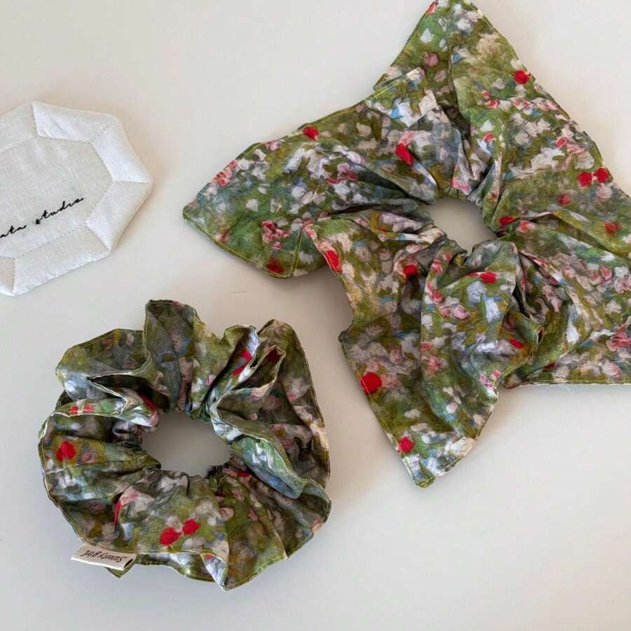 1 件女士复古花卉印花发圈，复古面料油画风格，甜美花卉发饰，适合日常佩戴，涤纶，适合春、夏、秋、冬，发圈，发圈，发圈，休闲