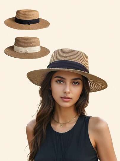 Chapéu de sol feminino de palha com aba larga, dobrável e dobrável, para praia, tamanho adequado para o verão (56-58 cm)