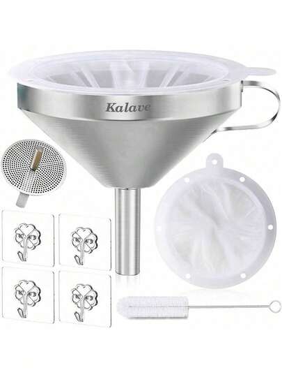 Premium Stainless Steel Funnel, 5 Inch  Kitchen Funnels With 200 Mesh Food Filter Strainer For Filling Bottles, Oils, Juice, Wine, Coffee, Milk