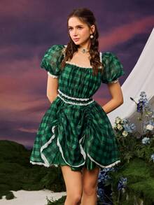 Faeriesty Dreamy Vintage-Chic Bubble Sleeve Plaid Dress With Lace Trim Neckline, Waist, And Hem, Adjustable Drawstring Hem – Perfect For Spring/Summer Garden Parties, Casual Outings, And Elegant Events (Boho-Romantic Style, Vibrant Plaid Fabric, Flowy Ruffles, Seasonless Versatility) Summer Dress Spring Clothes