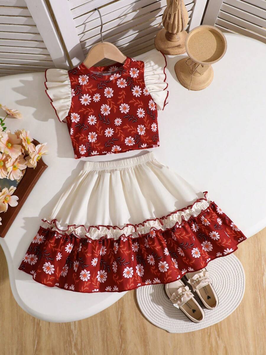 2pcs Girls Casual Floral Print Top And Floral Print Skirt Outdoor Set, Spring/Summer - Multicolor - View 1