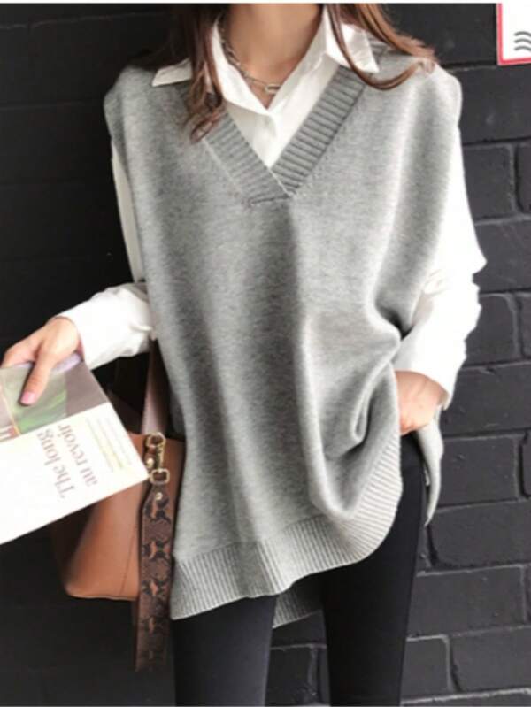 Chic V-Neck Sweater For Women - Casual Loose Knit Pullover, Perfect For Spring & Fall, Solid Color With Asymmetrical Hem, High-Quality, Inner Layer, Base Sweater Top
