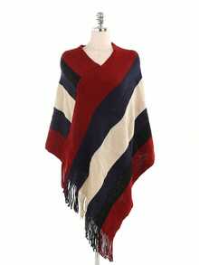 1 件纯色镂空蝙蝠翼流苏针织斗篷