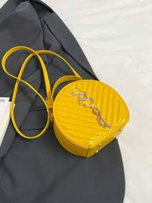 Bolsa Feminina de Design Redondo, Bolsa de Ombro Retrô de PU, Bolsa Clutch Fashion Transversal, Bolsa de Viagem Feminina - Amarelo - Visão 6