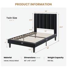SHA CERLIN Twin/Full/Queen/King Velvet Upholstered Platform Bed Frame With Headboard, Strong Wood Slats Support, No Box Spring Needed, Black - 黑色 - 查看 8