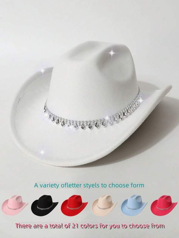 1 pieza Sombrero de mujer con anillo de cintura plateado y decoración con colgante de rombo, sombrero de vaquero occidental de moda, ligero y sin estiramiento, adecuado para actuaciones en el escenario, fiestas, bodas, estilo versátil unisex