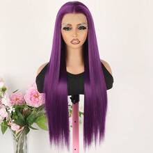 28 Inch Lace Front Halloween Wigs For Women Pre Plucked Hair-Line Dark Purple Color Free Part Hair Long Straight Glueless Synthetic Lace Front Wigs For Daily Party Cosplay Use - Màu tím - Xem 7