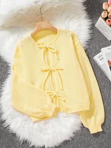 [Tops] Butter Yellow Knotted Long Sleeve Cardigan - Minimalism, Office Wear, Vintage, Simple, French Style. Women's Solid Color Knitted Cardigan Sweater, Can Be Worn Over Blouses, Plus Size Cute Open Cardigan - Yellow - View 9