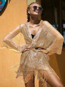 Spring Summer Sheer Pearl Decor Beach Cover Up, See-Through Resort Sunscreen Cover Up, Fringed Knit Shawl Cover Up, Pearl Embellished Light Dress Cover Up, Casual Streetwear Fringe Cover Up Top, Formal Party & Work Wear Fringe Cover Up