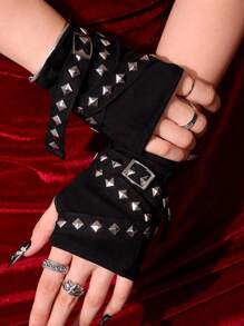 1pair Cool Rope Cross Rivet Gloves Hip Hop Korean Style Fingerless Gloves Punk Gothic Short Arm Warmer Outdoors,Halloween Clothing Accessories