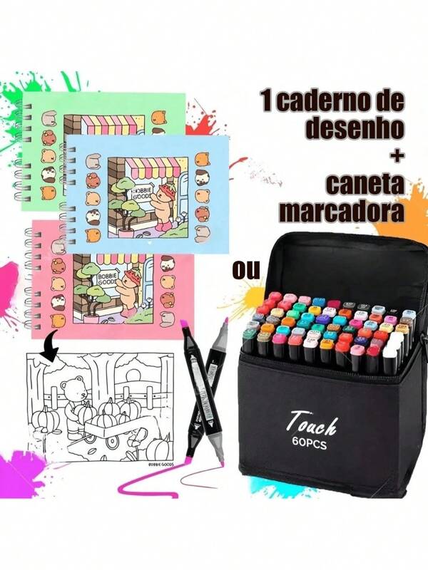 Conjunto de livros  de colorir capa dura + 24, 36, 60 ou 80 marcadores coloridos