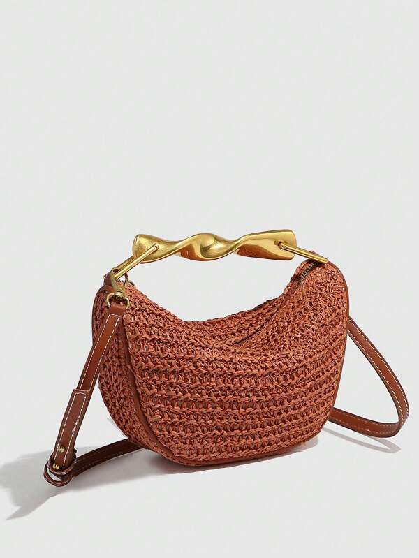 1pc Women's Unique Design High-End Straw & Metal Woven Handbag, Versatile Chic Shoulder Crossbody Bag