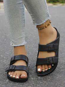 女士舒适一脚蹬拖鞋，纯色，基本款，时尚休闲，带扣平底凉鞋，适合海滩度假春夏秋季