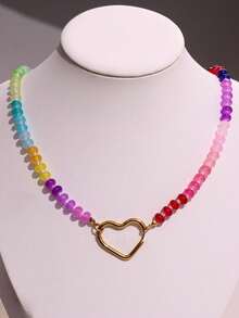 甜蜜浪漫多巴胺彩色串珠项链，波西米亚风格不锈钢心形和 OT 扣饰，夏季珠宝（串珠颜色和位置随机） - 彩色 - 查看 7