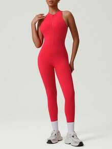 GOSOUER 女士紧身拉链前开式露背蜜桃臀连体裤，瑜伽健身塑身连体裤 - 紅色 - 查看 4