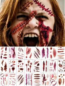 24 Sheets Halloween Zombie Temporary Tattoos, Waterproof Realistic Sutured Wound Scar Fake Blood Tattoo, Prank Makeup April Fools' Day Fun Cosplay Face Tattoo For Men Women Halloween Party Festival - Multicolor - View 10