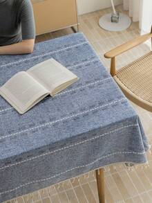 1pc Scandinavian Style Blue Lattice Hollow-Out Tablecloth, Rectangle Striped Embroidered Tassel Multifunctional Cover Cloth, Suitable For Festival, Party, Birthday, Dinner, Home, Dorm Decor