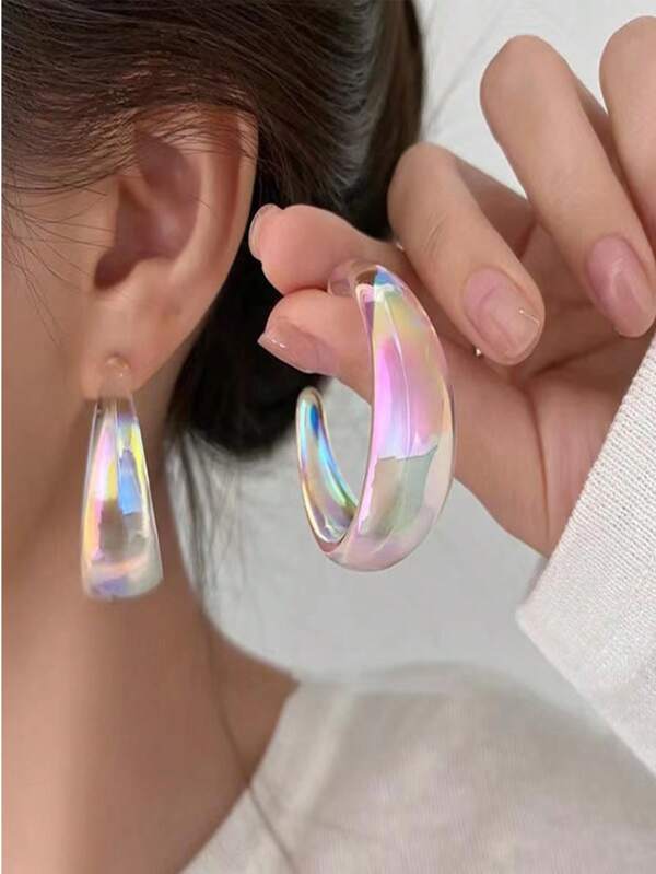 2pcs Women's Fashionable Personalized Iridescent Semi-Transparent C-Shaped Hoop Earrings, Suitable For Daily Wear