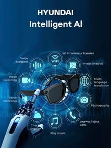 HYUNDAI M01 AI Smart Glasses, Bluetooth Earphones, Smart Translator, Cross-Language Communication Voice Assistant, Built-In Camera, Ultra-Long Battery Life, Low Latency, Music, Call, Conference, Office, Business, Travel, Wireless Glasses Earphones