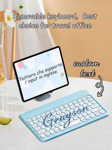 Teclado inalámbrico personalizado para tableta, personalización de nombre, diseño estilizado multilingüe (inglés/árabe/francés/alemán/tailandés/italiano/español), teclado con texto personalizado para tableta, diseño silencioso curvo, compatible con smartphones de 10 pulgadas, portátiles e iPad, otras tabletas, compatible con 3 sistemas operativos, adecuado como regalo de cumpleaños para chicas, parejas, familia y amigos - Azul - Ver 12