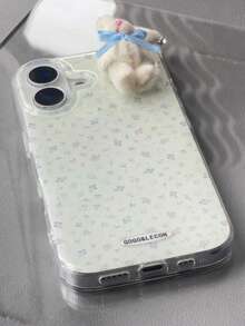 1pc Cute Girly White Classic Full Coverage Soft Phone Case + 3D Pink Plaid Bow Brown Rabbit, Compatible With IPhone 17 Air 16 15 14 13 12 11 Pro Max Plus - Blue and White - View 4