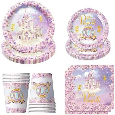 10/2050PCS公主派对餐具装饰套装，公主生日派对装饰用品包括一次性餐具盘子、杯子、餐巾，适合公主主题生日派对和洗礼派对，可供 20 位客人使用。