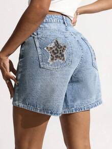 时尚宽松休闲女式牛仔短裤 - 藍色 - 查看 1