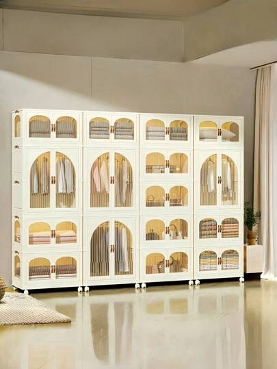 Armoire de rangement avec fenêtre transparente blanche. Étagère de rangement, porte-manteau, range-chaussures, bibliothèque amovible et pliable. Usage multifonctionnel pour le salon, le bureau, la chambre, le dortoir. Idéal comme cadeau de Noël, décoration de la pièce et rangement.