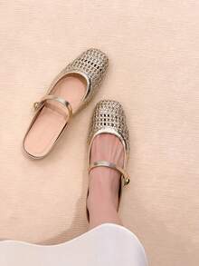 Xin Jing Shoes 2025 秋季女士编织镂空系带平底休闲鞋，隐形坡跟，百搭通勤友好，穆勒鞋 - 金色 - 查看 5