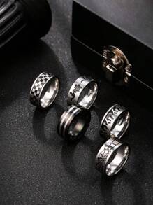 5 pièces Set d'anneaux pour hommes en acier inoxydable argent de style punk, motifs échiquier, rose, flamme, toile d'araignée, convient pour le port quotidien ou en cadeau