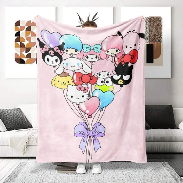 Sanrio Cobertor Sanrio Family com desenho de balão e laço - Feito de lã de poliéster tricotada, Impressão digital moderna, Tema de desenho animado, Cobertor de gatinho, Produtos de gatinho, Colcha confortável para decoração de casa em todas as estações, Lavável à máquina