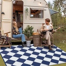 Outdoor Rug 10'x14' Waterproof Patio Rug, Portable Modern Geometric Plastic Outdoor Carpet Camping, Deck, Backyard, Porch Decor, With Storage Bag, Black And Coffee - White - View 2