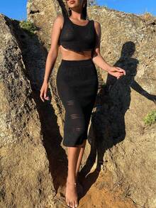 Women's Solid Color Semi-Sheer High Slit To Thigh Side Slit Co-Ord Set, Suitable For Vacation & Beach - Black - View 2